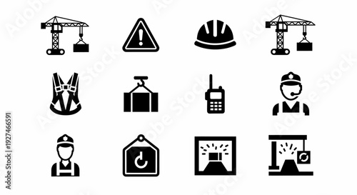 Construction and Safety Industrial Icons Set Showcasing Equipment and Worker Roles