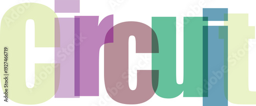 Circuit word art with overlapping colored letters on a transparent background technology electronics concept