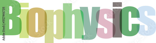 Colorful overlapping letters spell biophysics with a shadow effect on a gray checkered background