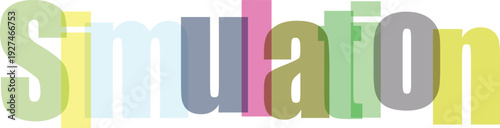 Colorful text simulation science word art with 3d effect and soft shadows representing digital modeling and experimental process detailed colorful typography illustration