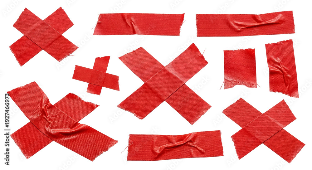 Fototapeta premium Red duct tape strips and cross marks collection isolated on transparent background png file set