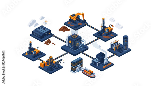 AI-powered industrial network connecting various heavy industries and data centers.