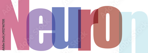 Neuron typography with translucent overlapping letters in pastel colors against a gray checkered background abstract science concept
