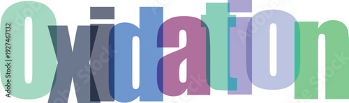 Oxidation word art with multi colored overlapping letters and transparent effect on checkered background science and chemistry concept