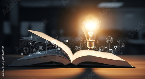 Glowing light bulb rising from open book with floating scientific and mechanical research diagrams