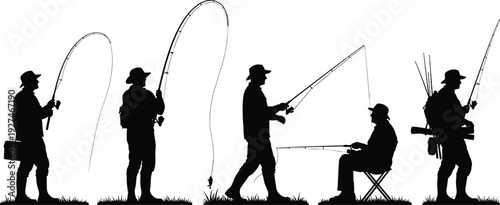 Silhouette Vector of Fishermen with Fishing Rods, Collection of People Angling and Catching Fish for Outdoor Sport, Hobby, and Recreation,
