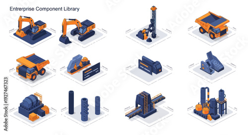 Isometric 3D Models of Heavy Construction and Industrial Machinery Components.