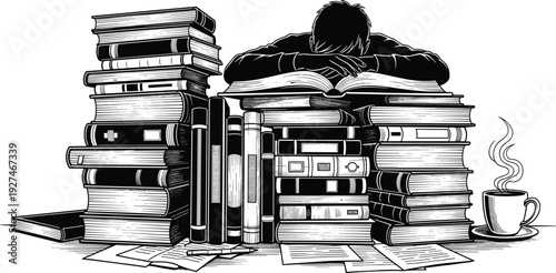 Exhausted student sleeping on a stack of books with steaming coffee cup representing exam stress academic pressure and late night studying
