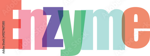 Vibrant typography spelling enzyme with bright, overlapping colors against a gray checkerboard backdrop, great for medical or biological themes