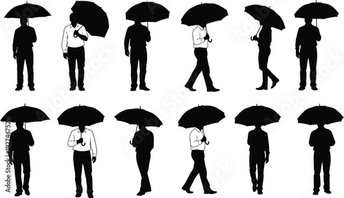 Silhouette Vector Illustration of Men Holding Umbrellas, Collection of People Walking and Standing in Rain for Weather, Protection, and Autumn,