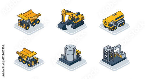 Isometric Heavy Construction and Industrial Vehicles Set.