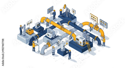 Isometric illustration of a complex industrial data pipeline with workers.