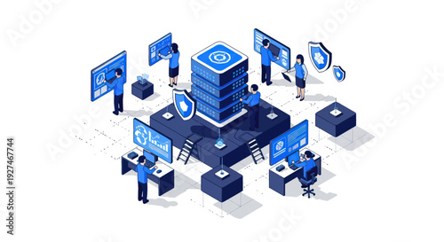 Isometric illustration of a data center with people working on cybersecurity.