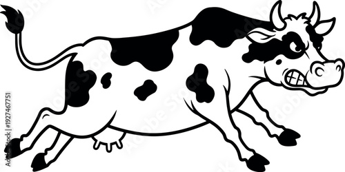 Cartoon Angry Cow Illustration in Black and White for Children's Book