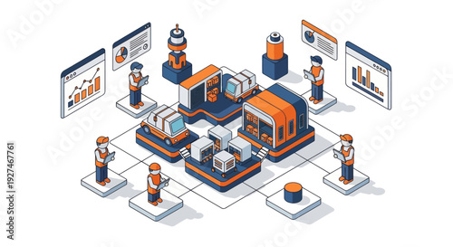 Isometric illustration of a data center with engineers managing servers and network infrastructure.