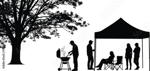 Silhouette Vector of Friends Having a Barbecue Under an Event Tent by a Tree, Outdoor Grilling Party, Summer Picnic Activity,
