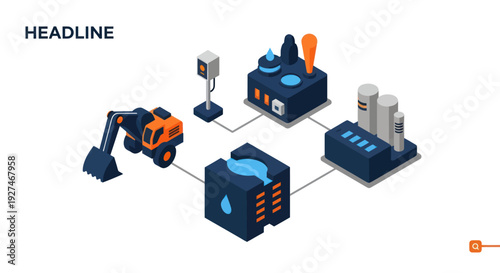 Isometric illustration of industrial processes and data flow.