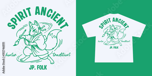 Minimalist line art of a kitsune fox spirit mascot holding a paintbrush, inspired by Japanese folklore from Japan. Clean green monochrome vector with a playful cultural style. Perfect for t-shirts