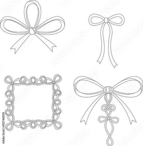 Elegant ribbon bows and decorative frame designs in intricate line art