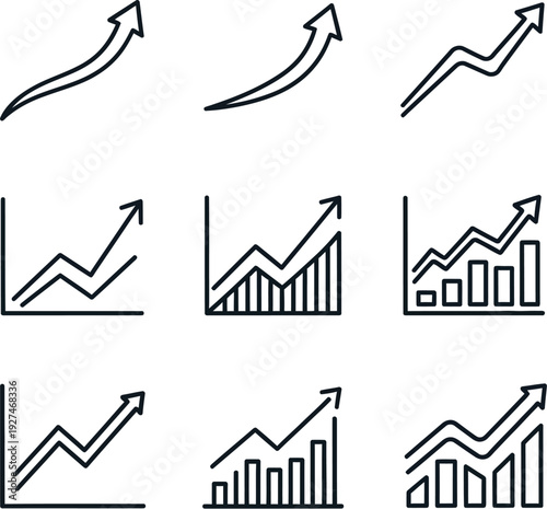 Various graphical representations of upward trends and growth patterns in data visualization