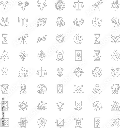 Historical and astrological symbols depicted in intricate black and white line art