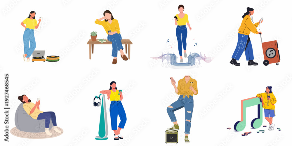Fototapeta premium Collection of diverse women enjoying music, listening with earphones and smartphones in various relaxed and active settings, showcasing modern audio lifestyle.
