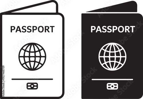 Passport Book with Globe Symbol Outline Vector Icon,Black Passport Silhouette Icon with Globe Symbol Vector