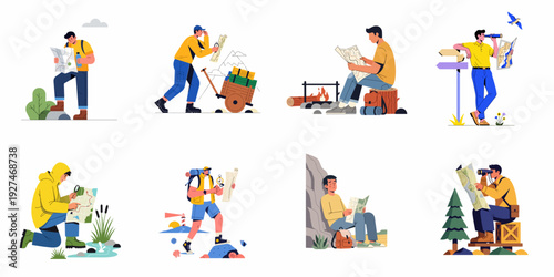 Collection of diverse flat illustrations depicting people exploring, navigating with maps, and engaging in outdoor adventures like hiking, camping, and discovery.