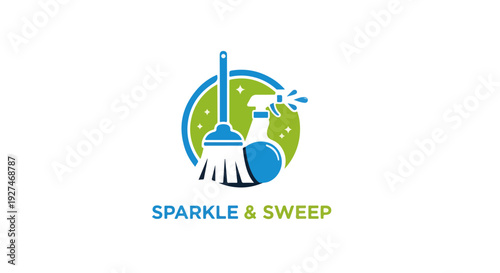 Cleaning Service Logo Vector with Sweep and Spray Bottle – Professional Janitorial Company Branding
