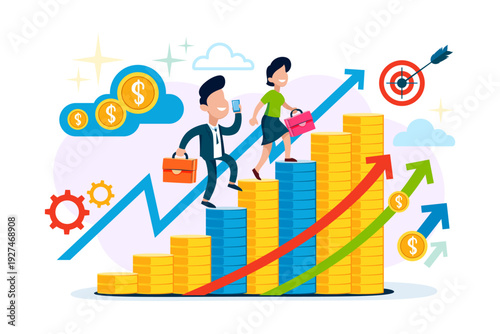 Two individuals walking on set of bars representing rising trends. Man carrying phone, while woman carrying bags. Symbols of money, targets, and gears surrounding them, indicating business