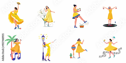 Collection of vibrant illustrations featuring women in yellow dresses dancing, singing, and celebrating with musical instruments and joyful summer elements.