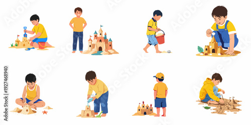 Joyful boys constructing elaborate sandcastles, playing with sand and water, showcasing creative summer beach activities.