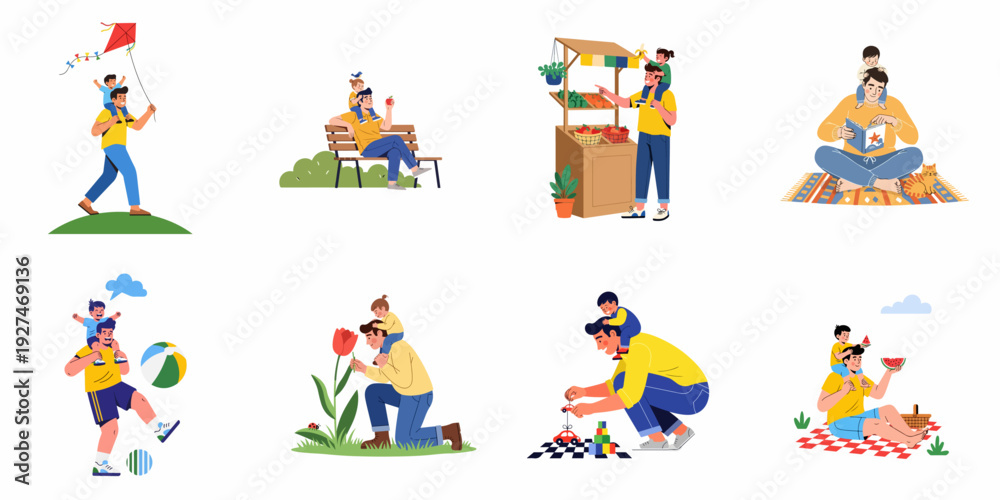 Fototapeta premium Happy father-child duo enjoying diverse activities: playing, learning, and bonding during quality family time outdoors and indoors.