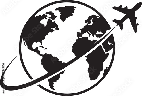 Airplane Flying Around Globe Travel Concept Icon,Global Travel and International Flight Vector Symbol