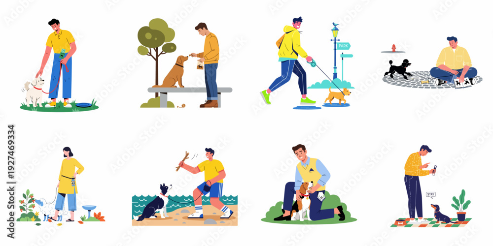 Fototapeta premium Diverse people enjoying various daily activities with their beloved dogs, illustrating pet care, training, playtime, and affectionate companionship in different settings.