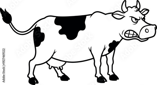 Cartoon Angry Cow Illustration in Black and White Simple Style for Kids