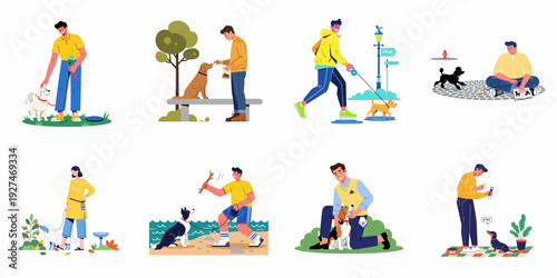 Diverse people enjoying various daily activities with their beloved dogs, illustrating pet care, training, playtime, and affectionate companionship in different settings.
