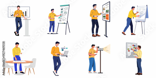 Business professional engaged in presentations, data analysis, project planning, and digital work, showcasing various office activities.