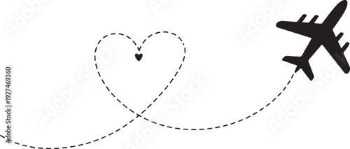 Airplane with Heart Shaped Flight Path Travel Concept Icon,Love Travel Concept with Airplane and Dashed Route Vector Illustration