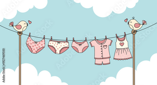 Cute baby girls clothes and pink polka dot underwear hanging on a clothesline with two small birds perched on the poles in the sky.