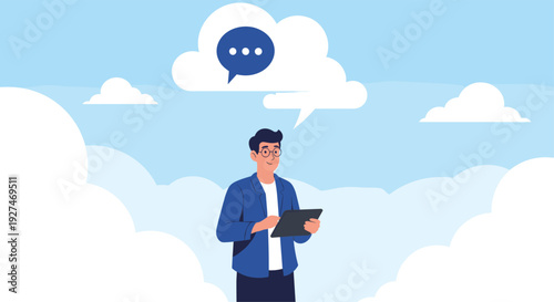 Young man using a digital tablet while standing among fluffy white clouds with a thought bubble above him representing innovation.