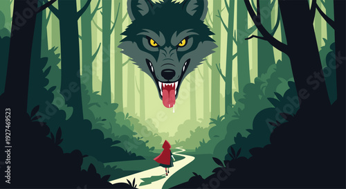 Dramatic illustration of Little Red Riding Hood walking down a forest path with a giant menacing wolf head looming above in the dense green trees.