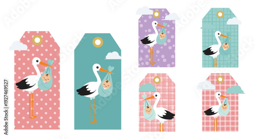 Collection of colorful baby announcement tags featuring cute storks carrying newborns in bundles against various patterned backgrounds with clouds.