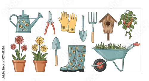 Comprehensive collection of gardening tools and plants including a watering can, gloves, shears, pots, and a wheelbarrow for hobby gardening projects.