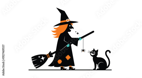 Spooky Halloween illustration of a witch in a black cloak holding a broom and playing with a spider while a black cat watches curiously nearby.