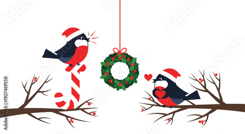 Beautiful Christmas scene featuring two red breasted birds perched on branches with a candy cane and a wreath forming the word joy for cards.