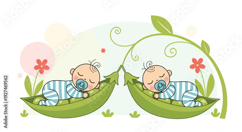 Two adorable twin babies sleeping peacefully inside green pea pods on a vine with flowers and soft background for birth announcement designs.