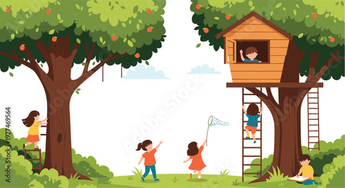 Joyful scene of children playing in a lush green park with an apple tree and a wooden treehouse under a bright sky for family and leisure themes.