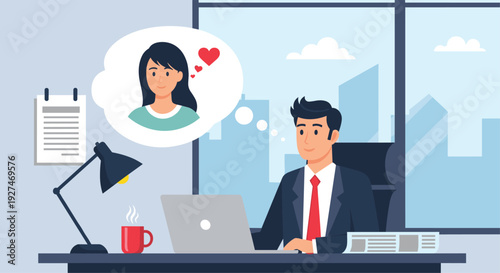 Professional businessman working in an office and dreaming of a woman with hearts in a thought bubble representing love and work life balance.