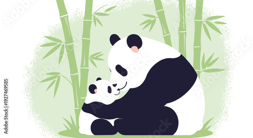 Sweet illustration of a mother panda bear hugging her baby cub in a lush green bamboo forest representing maternal love and wildlife conservation.